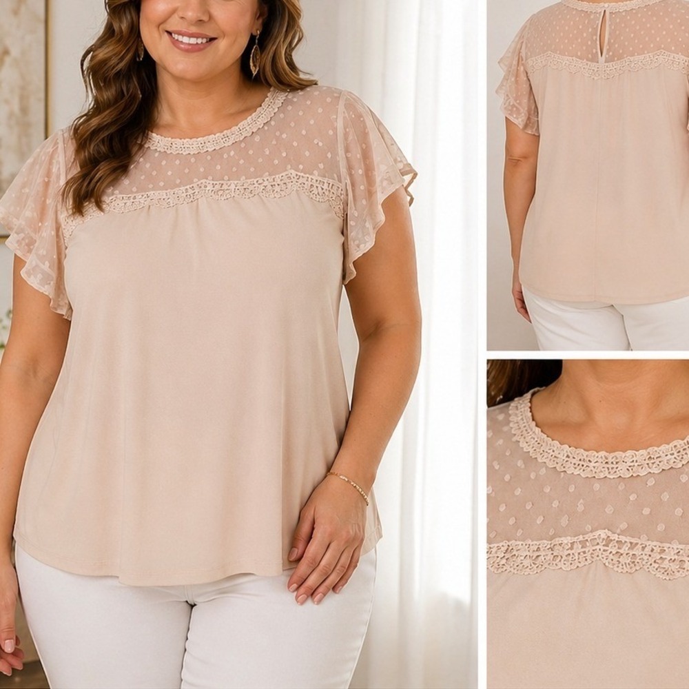 Adrianna Papell Champagne Knit XL Crepe Clip Dot Lace Flutter Sleeve Blouse  NWT
